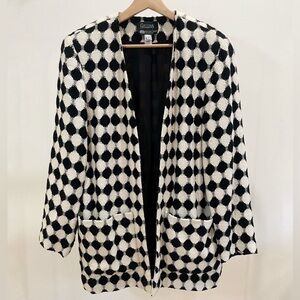 Gillian  100% Wool Black Cream Diamond Geometric Pattern Blazer **Vintage**